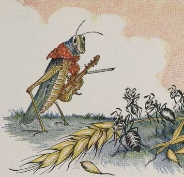 Ants carry food while a grasshopper watches nearby.