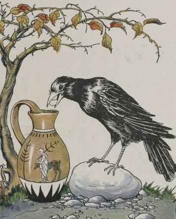 A crow stands beside a pitcher, dropping pebbles into it to raise the water.
