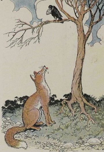 A fox looks up at a crow perched on a branch with cheese in her beak.