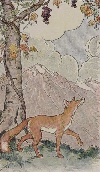A fox looks up at grapes hanging high on a vine.