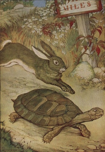 A tortoise moves steadily along a path while a hare rests nearby.