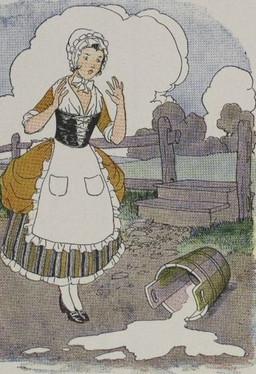A milkmaid walks with a pail balanced on her head.