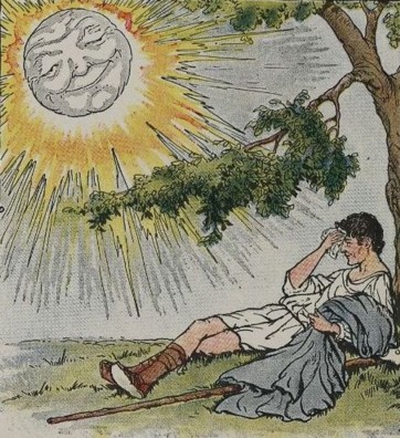The sun shines warmly while a traveler removes his cloak beside the road.