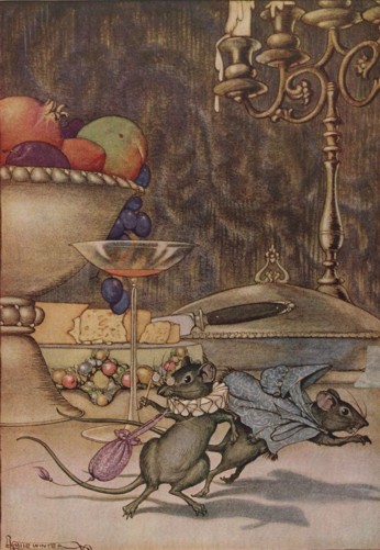 A town mouse and a country mouse stand near a table set with rich food.