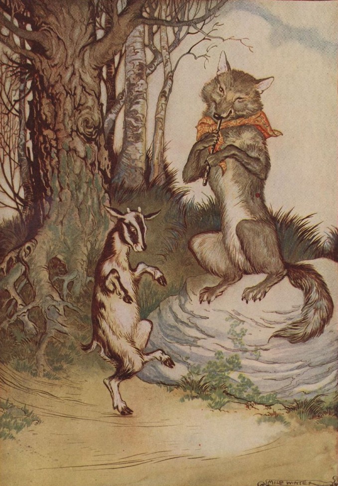 A wolf pipes a tune while a young goat dances nearby.