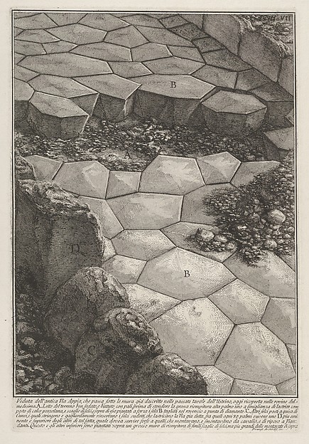 An old print showing large flat stones fitted together as pavement on the Appian Way.